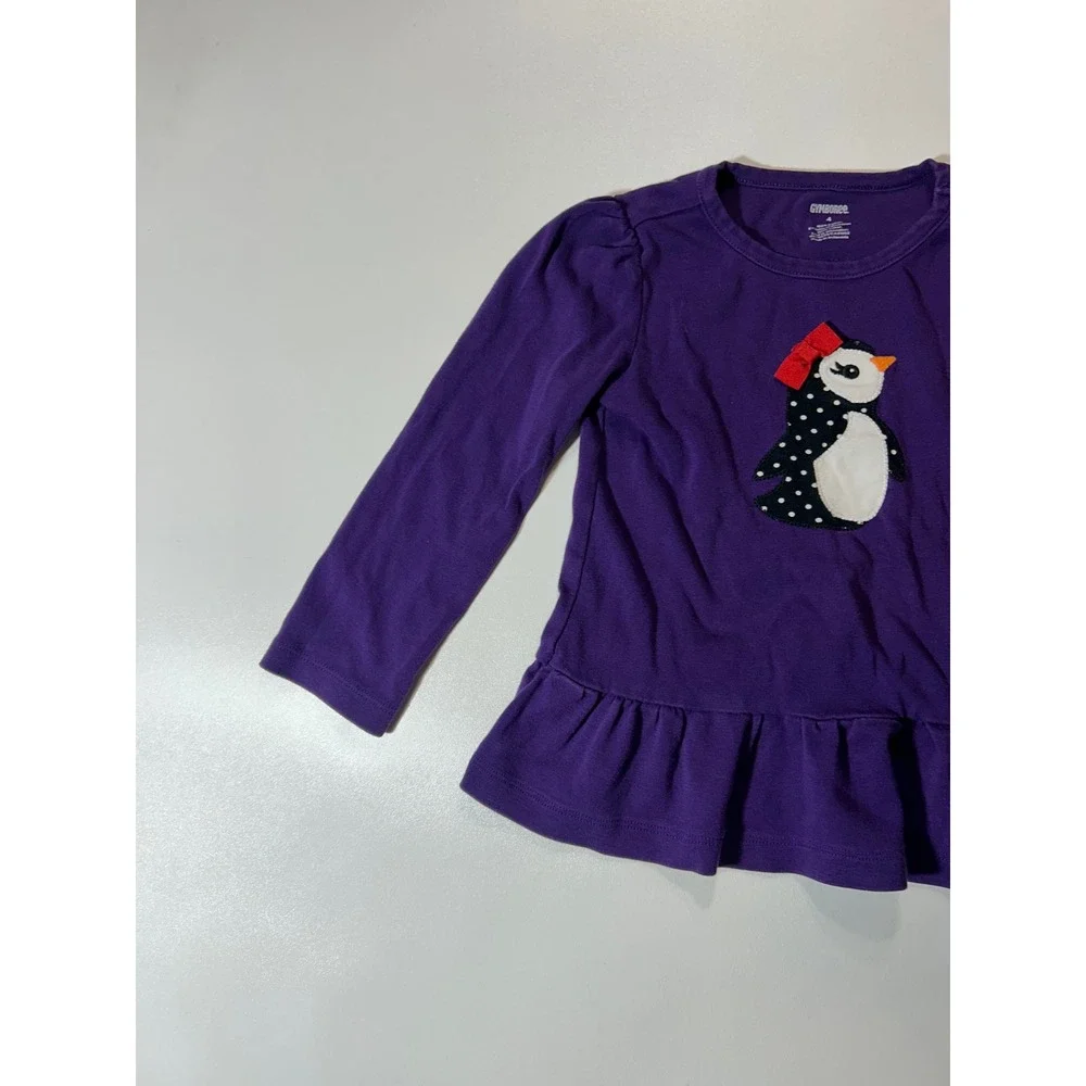 Gymboree Penguin Top Girls 4 Purple Excellent Peplum Ruffle Long Sleeve Cotton